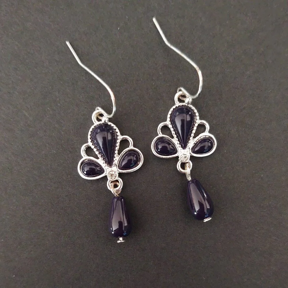 Navy and silver drop earrings with cz accents